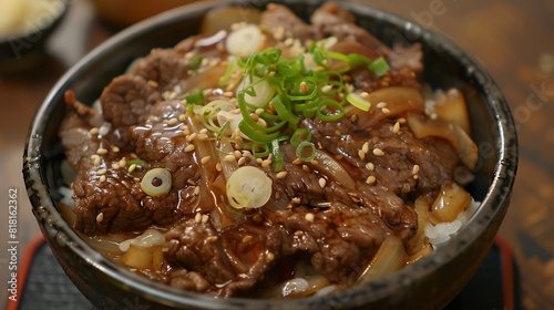 Gyudon, gyumeshi - rice bowl topped with beef and onion simmered in mildly sweet sauce flavored with dashi, soy sauce and mirin,