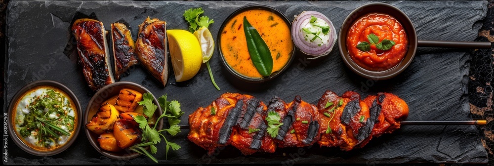 Obraz premium Meat Buffet with Fish, Chicken Tikka Masala, Mango Chutney, Quince Veal, Grilled Dorado, Teriyaki Turkey