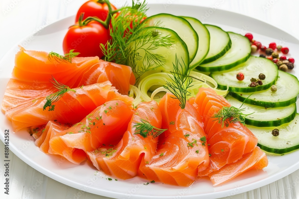 Sashimi, Raw Red Fish, Trout Slices, Salted Salmon Fillet with Cucumber and Greens on Elegant Flat Plate Sashimi, Raw Red Fish, Trout Slices, Salted Salmon Fillet with Cucumber and Greens on Elegant Flat Plate