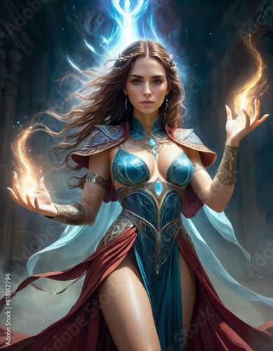 An enchanting sorceress with long brown hair, casting spells with fire and lightning in a mystical forest setting.