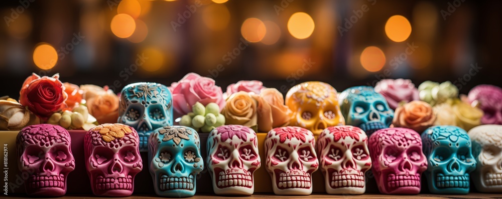 Colorful decorated sugar skulls for Day of the Dead celebration against a bokeh light background