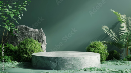 3d render podium for product presentation with green background. Stone round table and moss on the side. Minimal scene for cosmetic products, empty space mockup
