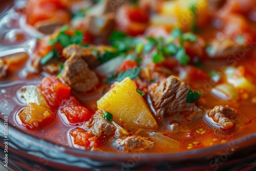 Traditional hungarian goulash soup of beef meat and vegetables close up. Meat stew, red casserole