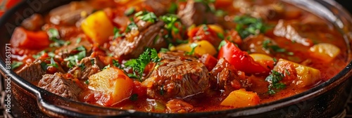 Traditional hungarian goulash soup of beef meat and vegetables close up. Meat stew, red casserole