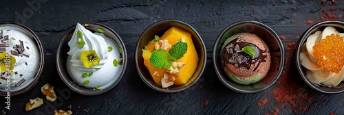 Mini Desserts Set, Mango-Lime Mousse, Whipped Cream, Edible Flowers, Dark Chocolate, Ice Cream photo