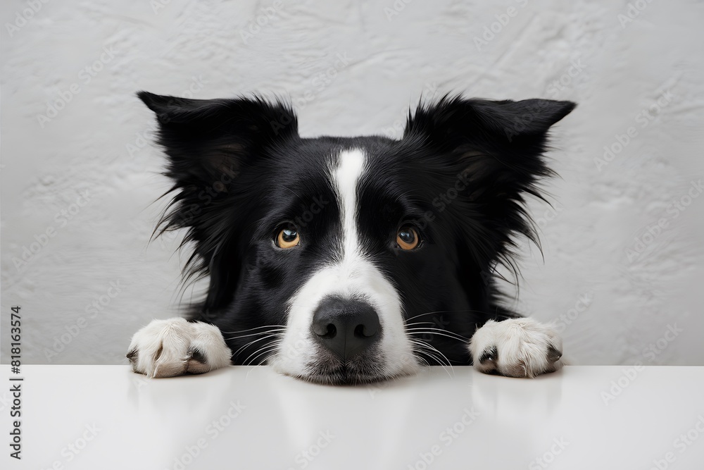 A Border Collie with piercing yellow eyes stares intensely over a white surface A Border Collie with piercing yellow eyes stares intensely over a white surface