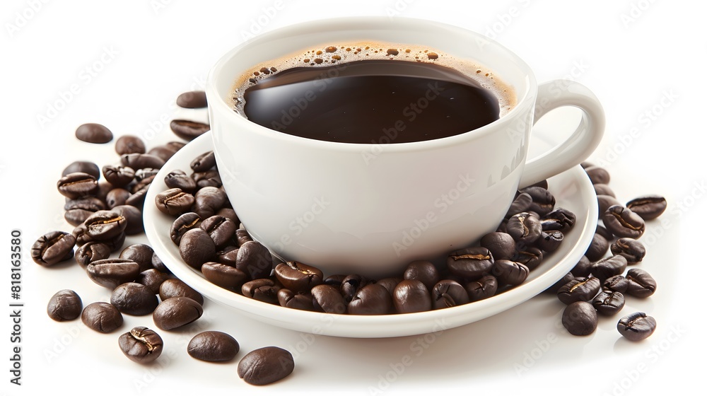 cup of coffee and coffee beans in a sack on dark background cup of coffee and coffee beans in a sack on dark background