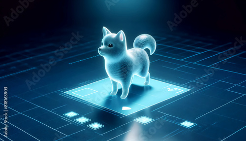 A 3D holographic pet playing in a 2D landscape photo