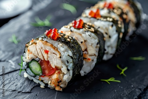 Chicken Uramaki Sushi with Bacon, Processed Cheese, Tomato, Green Onion, Black and White photo