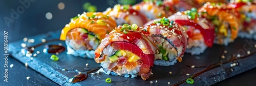 Rainbow Uramaki Sushi Rolls, Fusion Maki Sushi with Rice, Bacon, Processed Cheese, Tomato photo