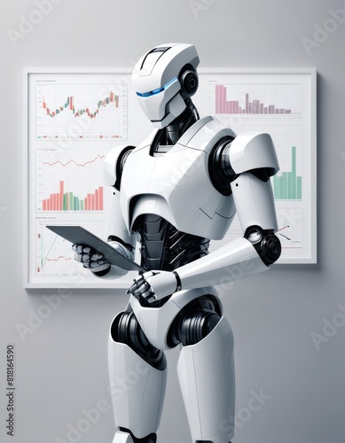 A sleek white robot with blue highlights stands in front of financial charts, analyzing data on a digital tablet, symbolizing advanced AI technology in finance.