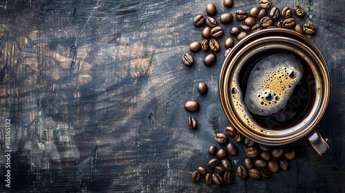 cup of coffee and coffee beans in a sack on dark background photo
