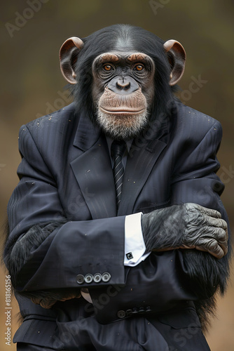 Chimpanzee dressed in a business suit, inviting reflection on the similarities between humans and primates photo