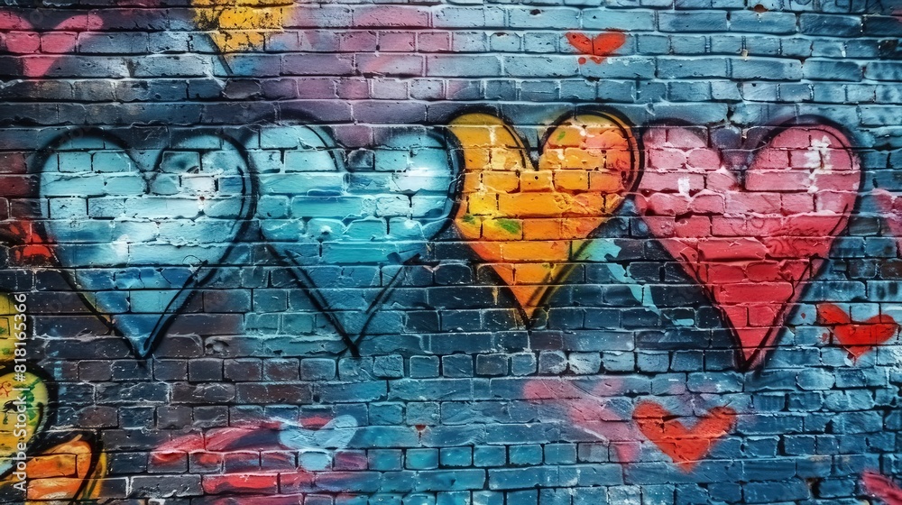 Fototapeta premium Brick wall with painted hearts in graffiti style 