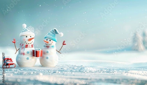 two happy snowmen standing in the white snow, one is holding red gift box and other has blue hat on his head, there's a sled next to them, soft blue light background,