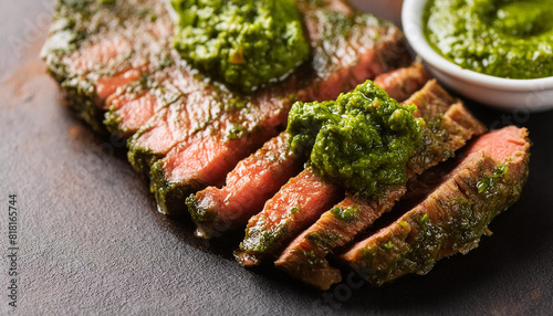 Tasty grilled wagyu bavette steak with chimichurri sauce on dark table. Delicious food for dinner. photo