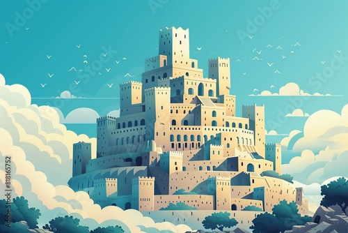 A minimalist illustration of the Tower of Babel, crafted with clean lines and simple shapes to depict the iconic structure symbolizing human ambition and the diversity of languages photo