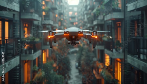 A drone is flying over a city street by AI generated image