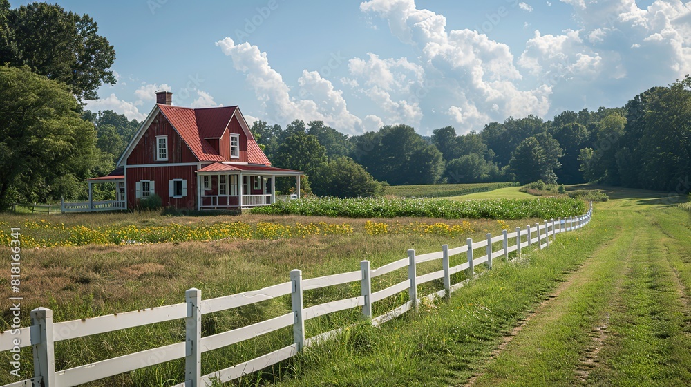A picturesque farm with a white picket fence and green pastures. A picturesque farm with a white picket fence and green pastures.
