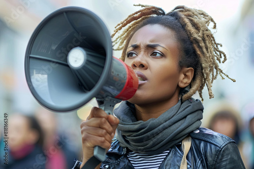 Female activist passionately using a megaphone to protest and advocate for social justice and change