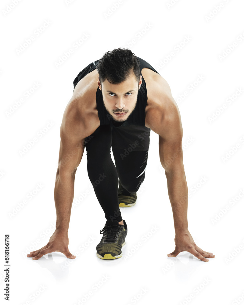 Fototapeta premium Portrait, runner and man with fitness, ready and exercise for wellness on white studio background. Face, person and athlete with cardio, healthy guy and sports with training, practice and balance