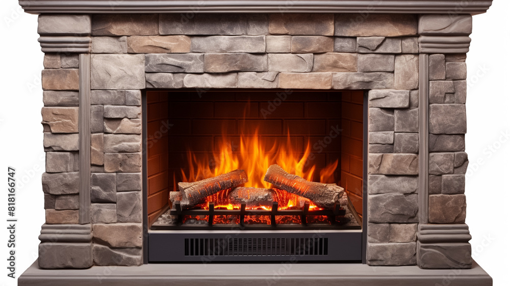 Decorative stone fireplace with a burning flame isolated on white background.
Decorative stone fireplace with a burning flame isolated on white background.