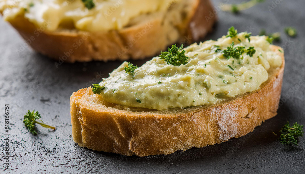 Herb butter sauce on slice of fresh bread on dark table. Tasty snack. Delicious food for dinner.