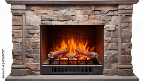 Decorative stone fireplace with a burning flame isolated on white background. 