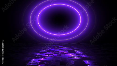 Circles reflective illuminated shining wealth concept infinite loop portal opening bg. Futuristic 3d graphic for clubbing night life. Creative fantasy engineering festive flames in the environment. photo