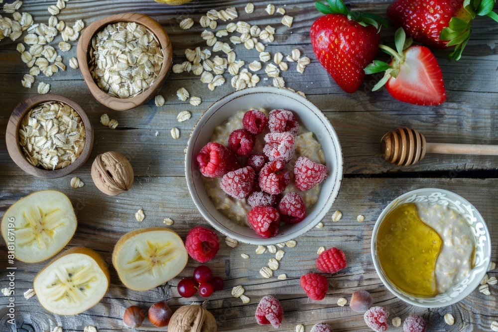 Some fruits and oats in bowls on a table. Morning breakfast , food background Some fruits and oats in bowls on a table. Morning breakfast , food background