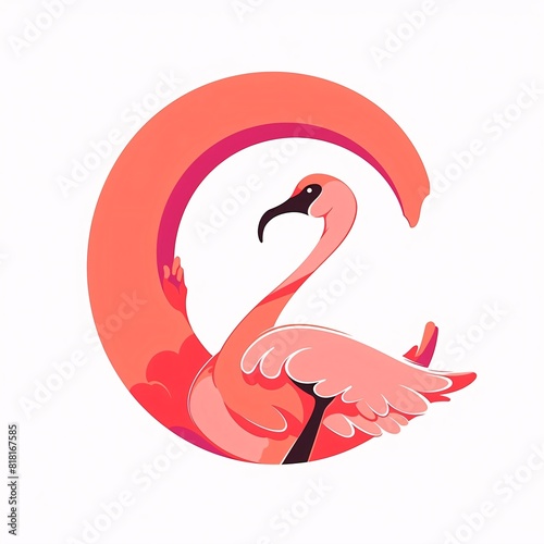 Pink flamingo in the form of a circle on a white background letter C