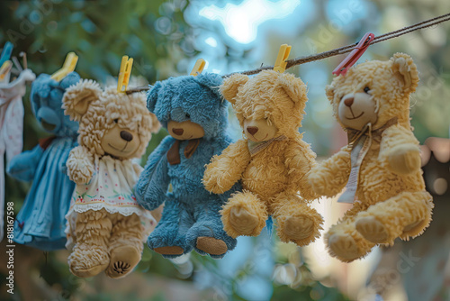 Nostalgic scene of teddy bears hanging from a clothesline, evoking childhood memories and innocence photo