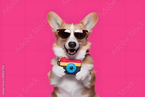 Corgi with sunglasses and toy camera exudes playful and adventurous spirit © Nida