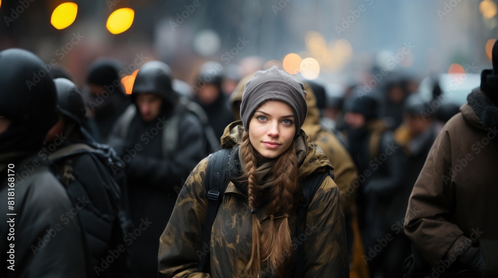 Young Woman in Hijab at a Protest Surrounded by Soldiers in a City