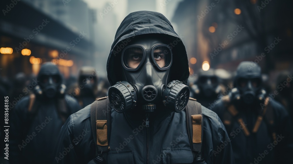 Hooded Man Wearing Gas Mask Standing in Urban Environment with Crowd Hooded Man Wearing Gas Mask Standing in Urban Environment with Crowd