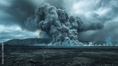 A landscape engulfed in thick dark pyrocumulus clouds from a nearby volcanic eruption.