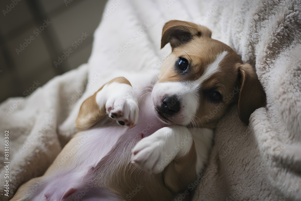 Adorable tan and white puppy cuddles in cozy indoor scene