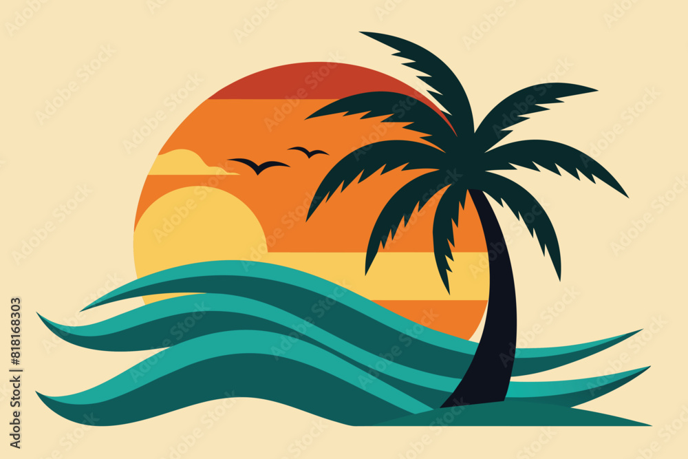 Palm tree with wave and sunset vector design