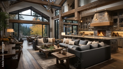 Luxury Open Concept Great Room With Fireplace and Forest View