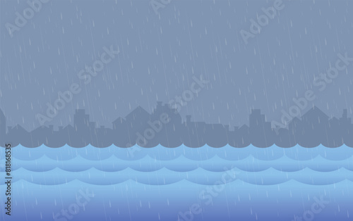 Flood natural disaster with house, heavy rain and storm , damage with home, clouds and rain, flooding water in city, Flooded house.