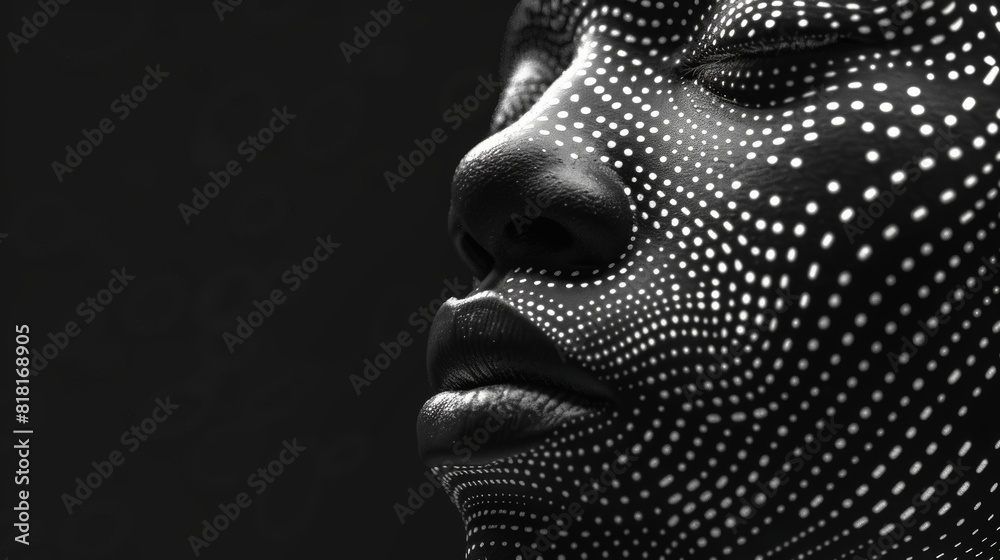 A 3D render of dots converging into a human face. A 3D render of dots converging into a human face.