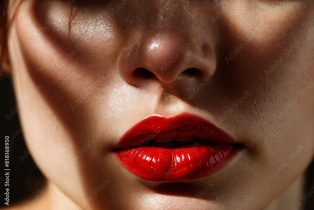 Fototapeta premium Radiant Beauty. Close-Up of Natural Lips and Freckled Glow in Soft Natural Light.