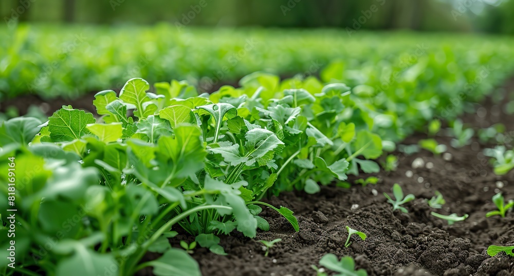 A field of vibrant green arugula growing in neat rows. A field of vibrant green arugula growing in neat rows.