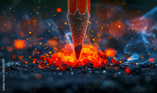 Igniting Creativity: Fiery Pencil Tip Symbolizing Inspiration and Idea Generation for Writing and Artistic Endeavors