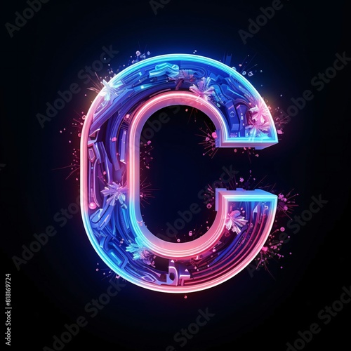 Glowing neon letter C in the form of an electric neon font