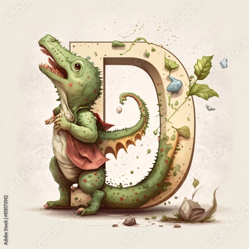 Crocodile alphabet. Capital letter D. Vector illustration.