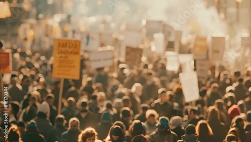 A chaotic protest march with a large crowd of people holding various signs and flags, A chaotic protest march with banners and signs waving above the crowd photo