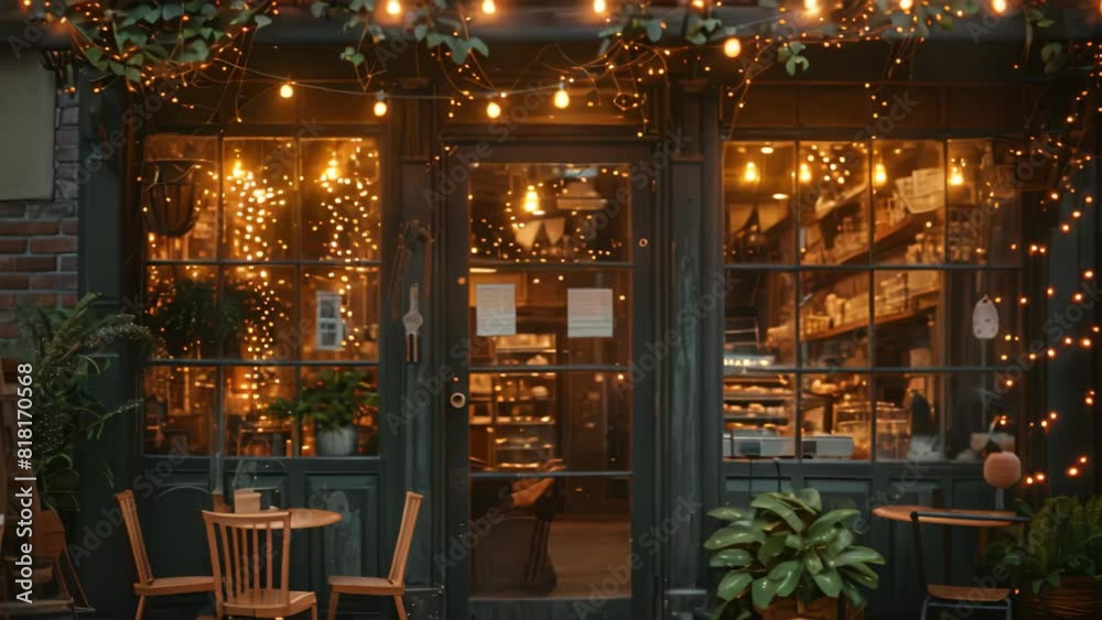 A building decorated with numerous lights hanging from its windows, creating a charming and festive atmosphere, A charming cafe with twinkling lights and a menu filled with sweet treats