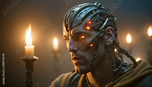 Close-up portrait of a man with cybernetic enhancements  featuring intricate metal and glowing red details in a dimly lit setting.