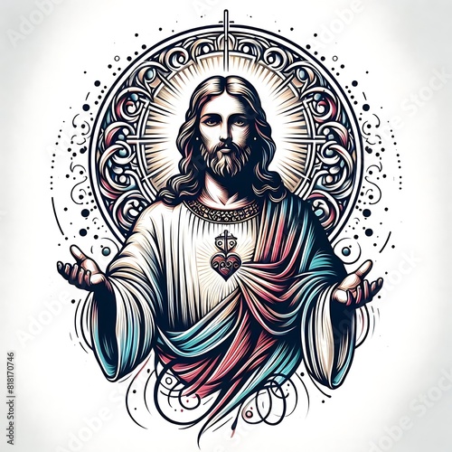 A drawing of a jesus christ with his hands out image card design has illustrative image.